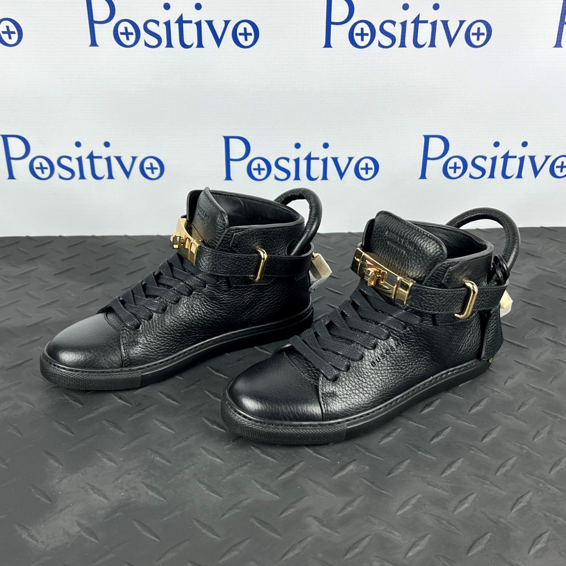 Buscemi Womens 100MM Flat Black Leather Sneakers SAMPLE | Positivo Clothing