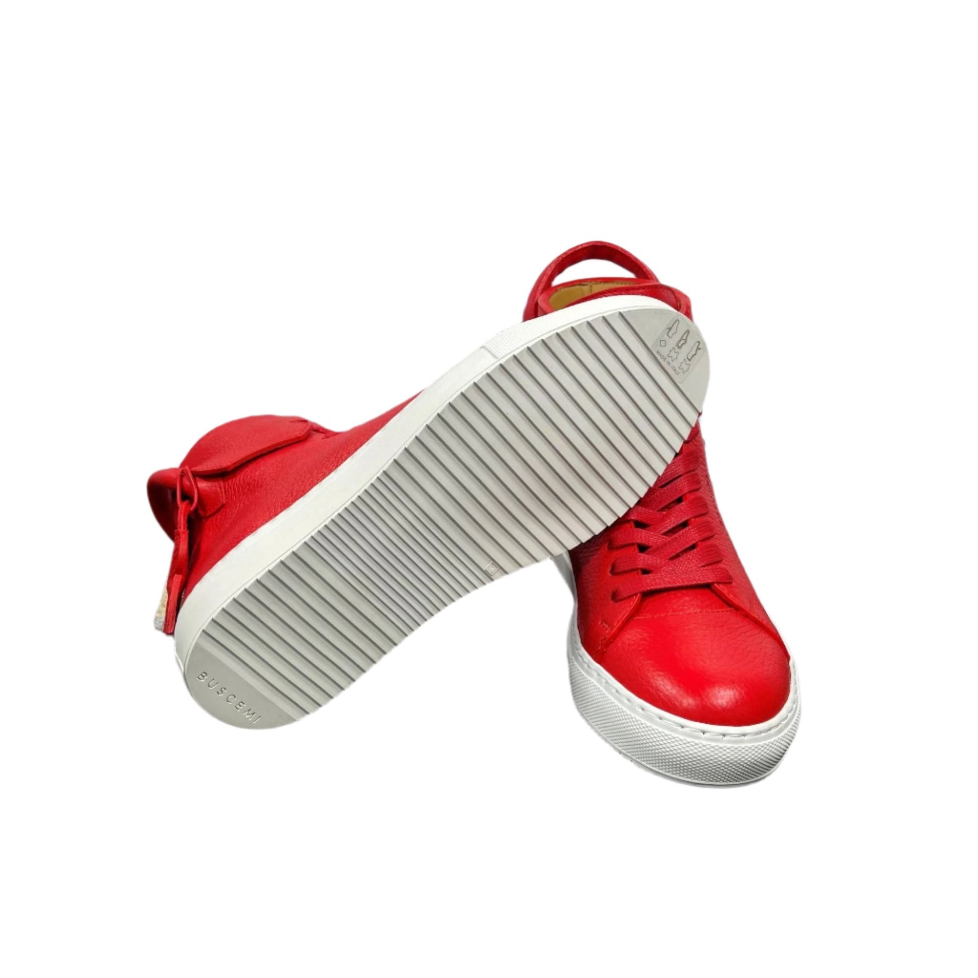 Buscemi Mens 125MM Red/White Leather High Top Sneakers | Positivo Clothing