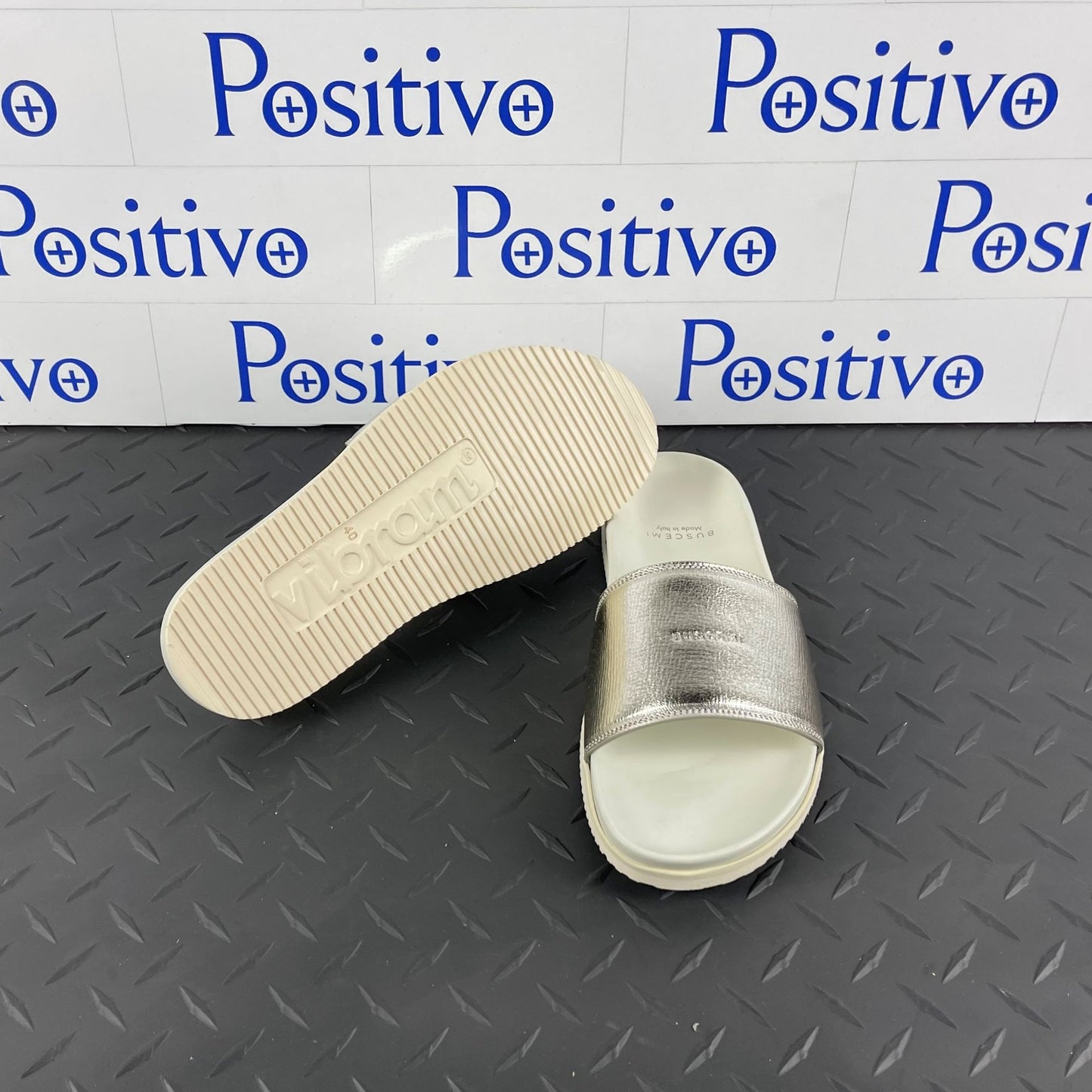 Buscemi Metallic Silver Leather Slides | Positivo Clothing