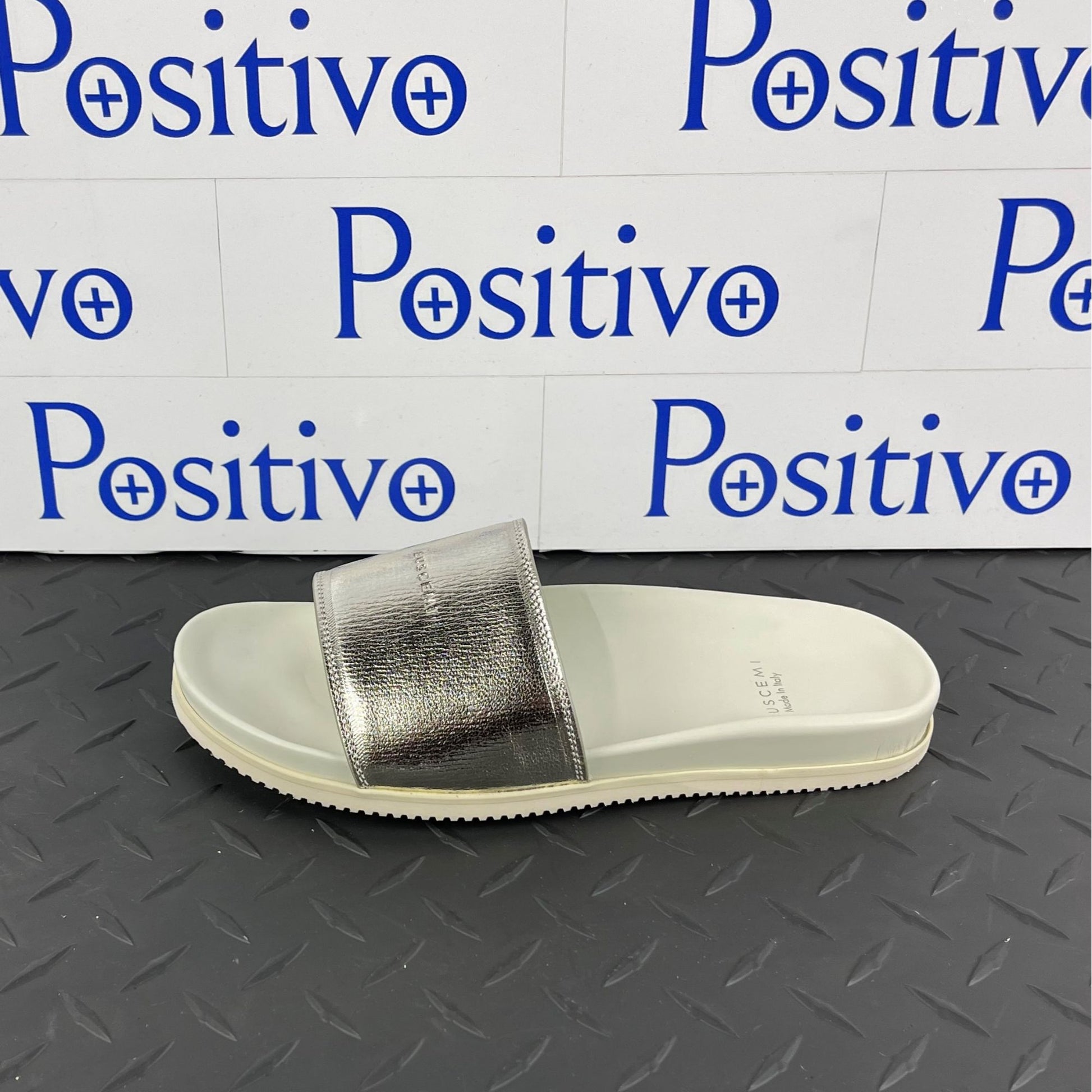 Buscemi Metallic Silver Leather Slides | Positivo Clothing