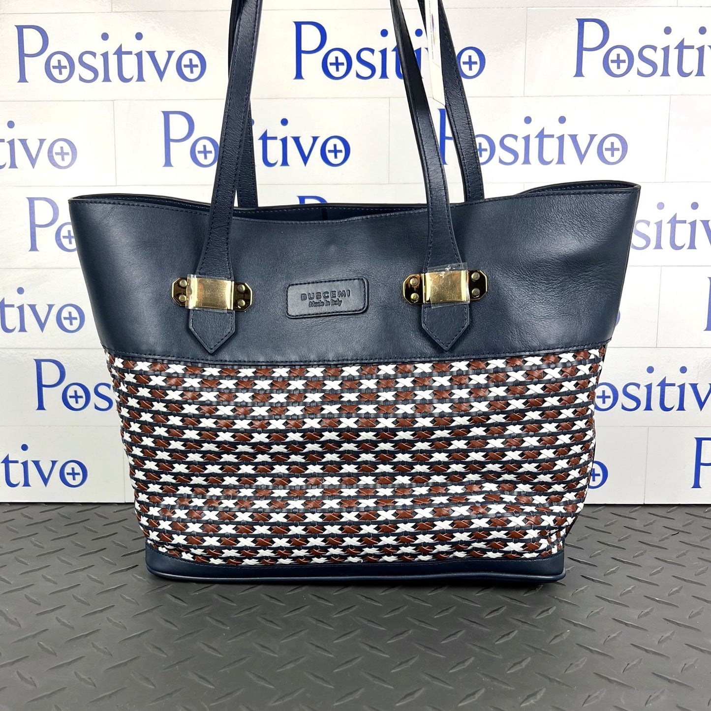 Buscemi Womens Tote Intrecciato Navy Leather Tote Bag New w/ Defect