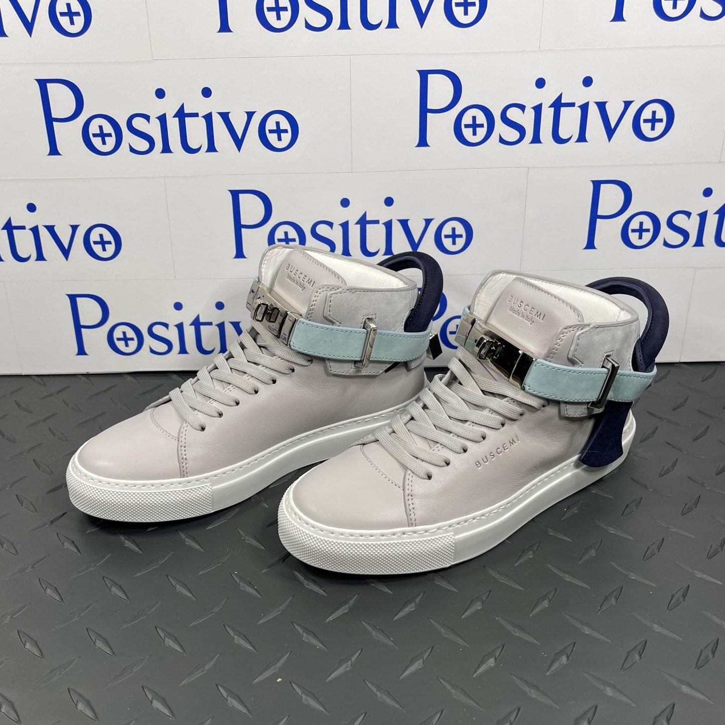 Buscemi Womens 100MM Grey/Light Blue Leather Sneakers | Positivo Clothing