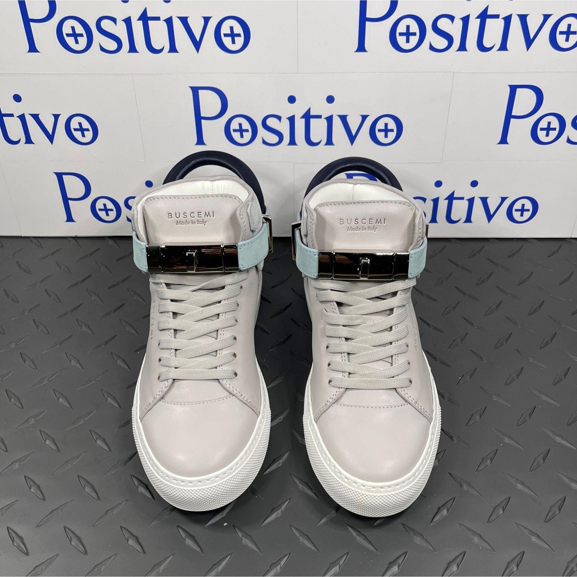 Buscemi Womens 100MM Grey/Light Blue Leather Sneakers | Positivo Clothing