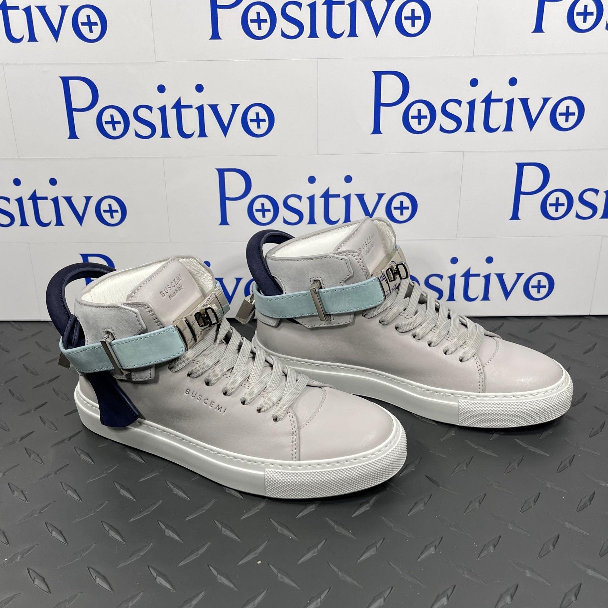 Buscemi Womens 100MM Grey/Light Blue Leather Sneakers | Positivo Clothing