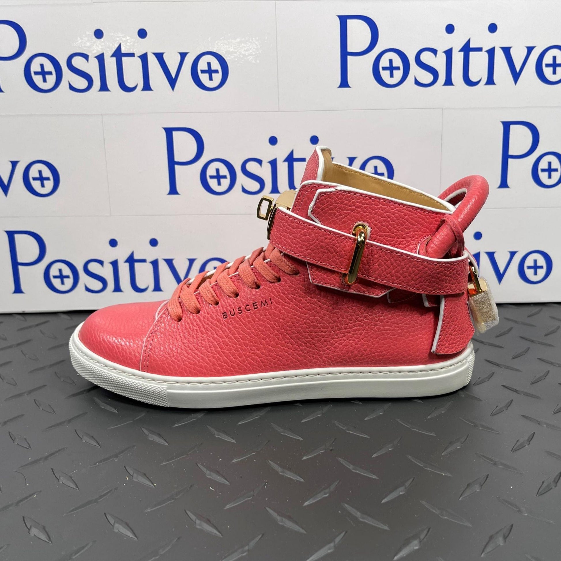 Buscemi Womens 100MM Corallo/White Paint Edge Leather High Top Sneakers | Positivo Clothing