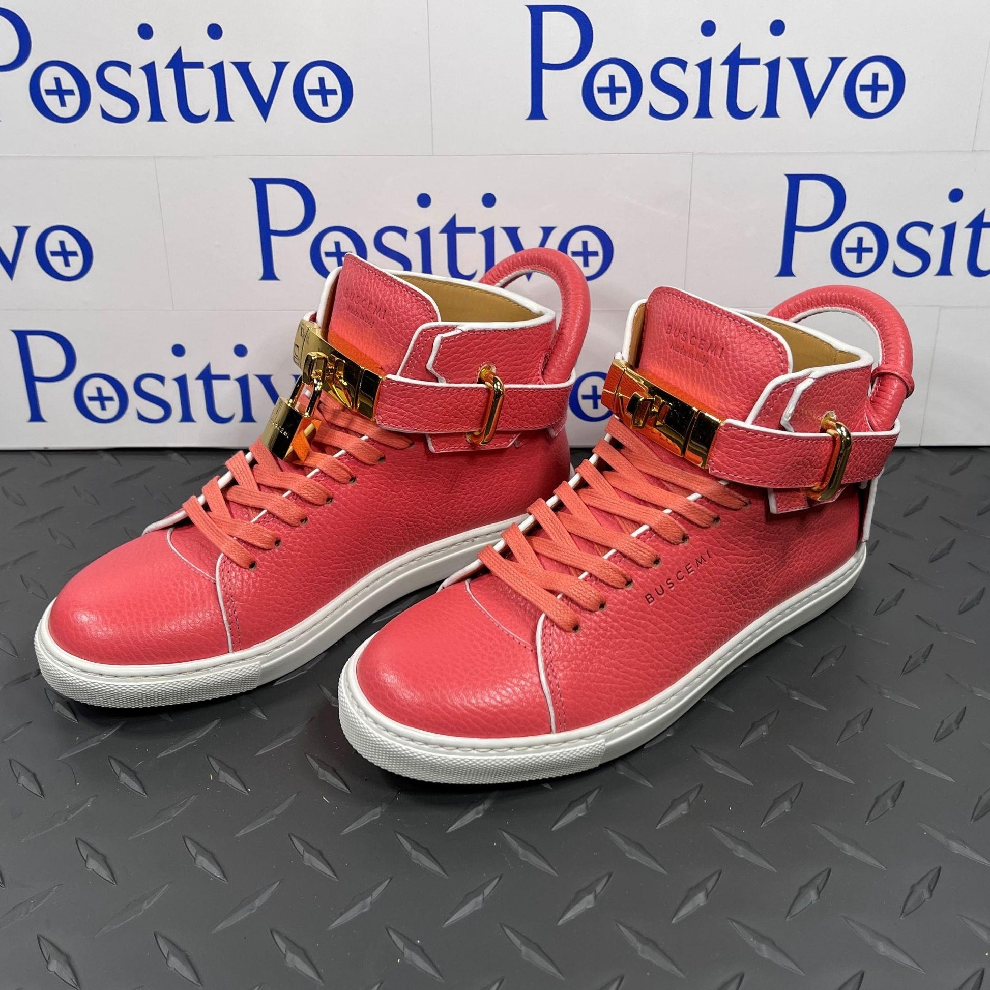 Buscemi Womens 100MM Corallo/White Paint Edge Leather High Top Sneakers | Positivo Clothing