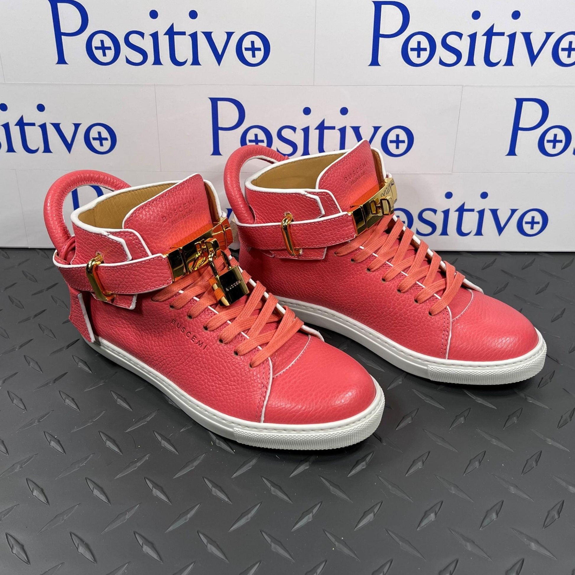 Buscemi Womens 100MM Corallo/White Paint Edge Leather High Top Sneakers | Positivo Clothing