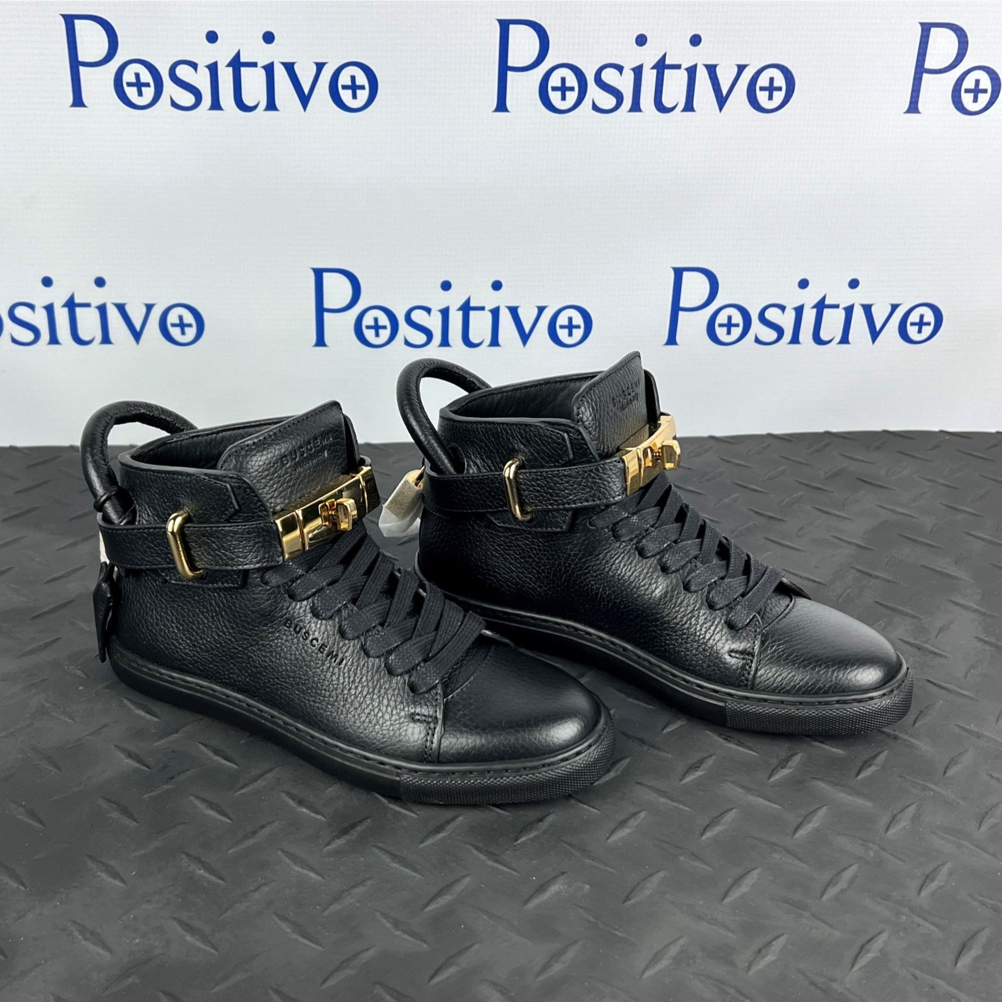 Buscemi Womens 100MM Flat Black Leather Sneakers SAMPLE | Positivo Clothing