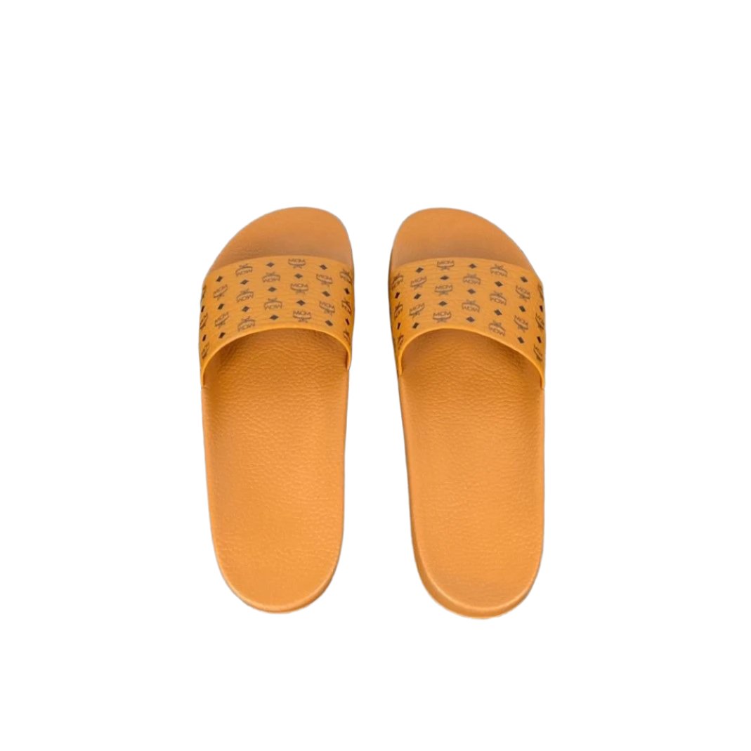 MCM Mens Cognac Visetos Rubber Slides | Positivo Clothing