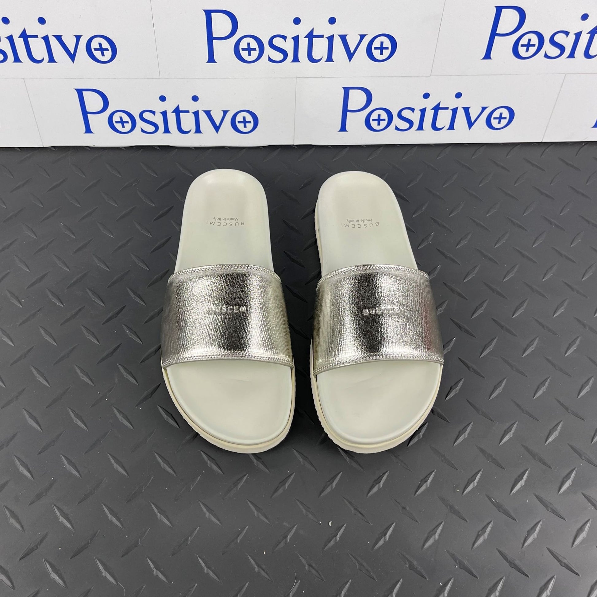 Buscemi Metallic Silver Leather Slides | Positivo Clothing