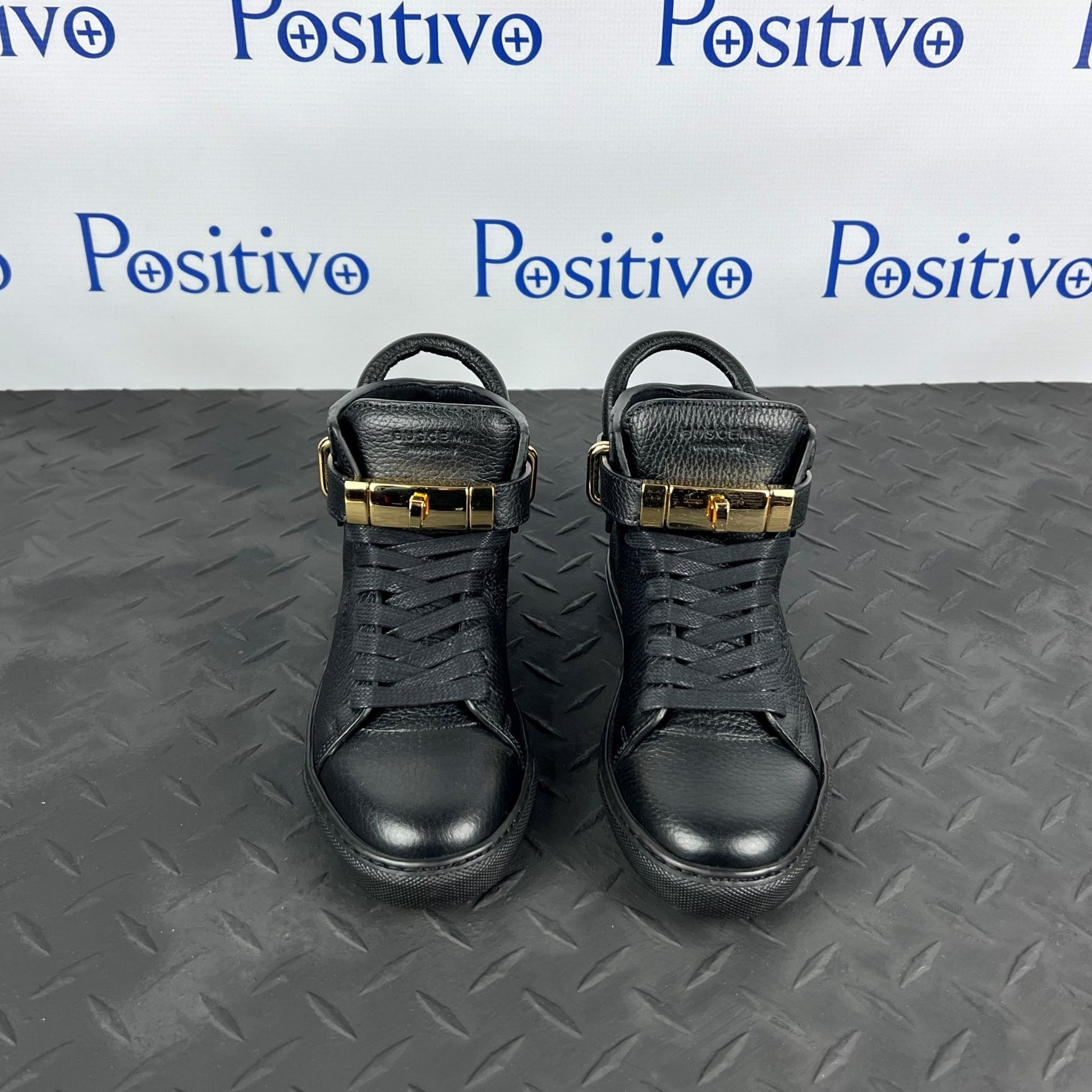 Buscemi Womens 100MM Flat Black Leather Sneakers SAMPLE | Positivo Clothing