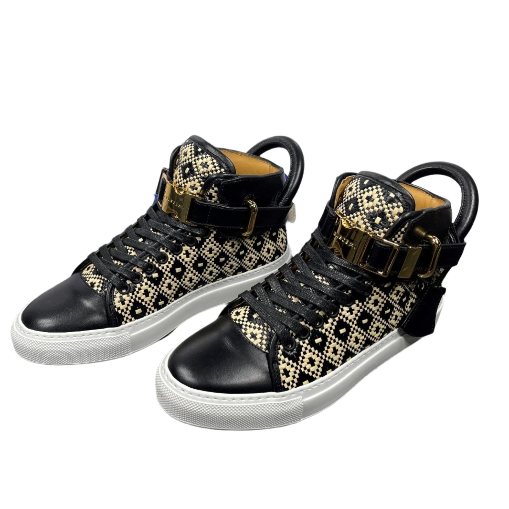 Buscemi 100MM Flat & Diamond Black Leather High Top Sneakers | Positivo Clothing