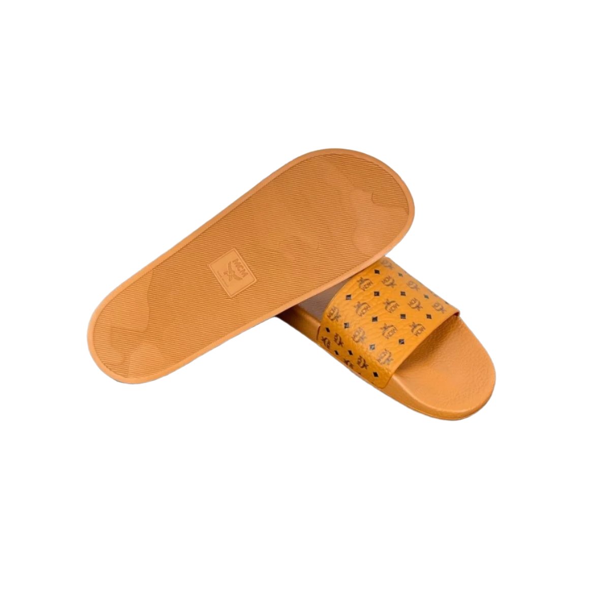 MCM Mens Cognac Visetos Rubber Slides | Positivo Clothing