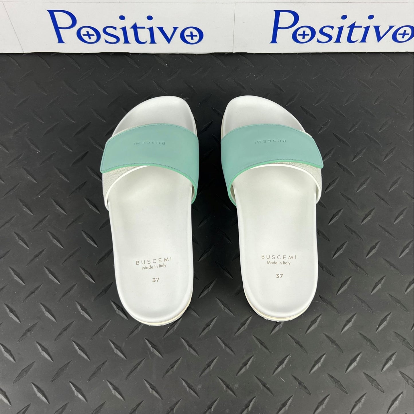 Buscemi Womens Slide Scratch White/Acqua Leather Sandals SAMPLE | Positivo Clothing