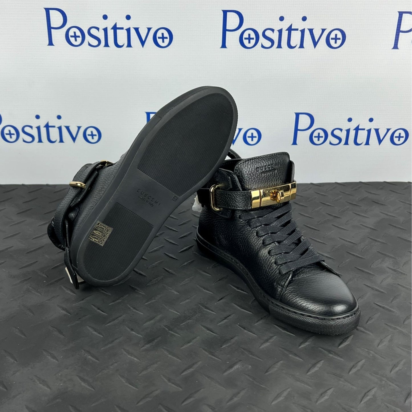 Buscemi Womens 100MM Flat Black Leather Sneakers SAMPLE | Positivo Clothing