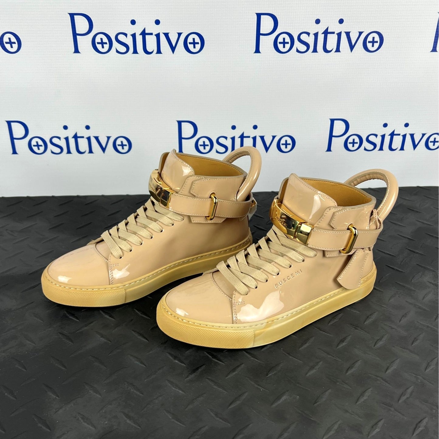 Buscemi Womens 100MM New Button Nude Patent Leather Sneakers | Positivo Clothing