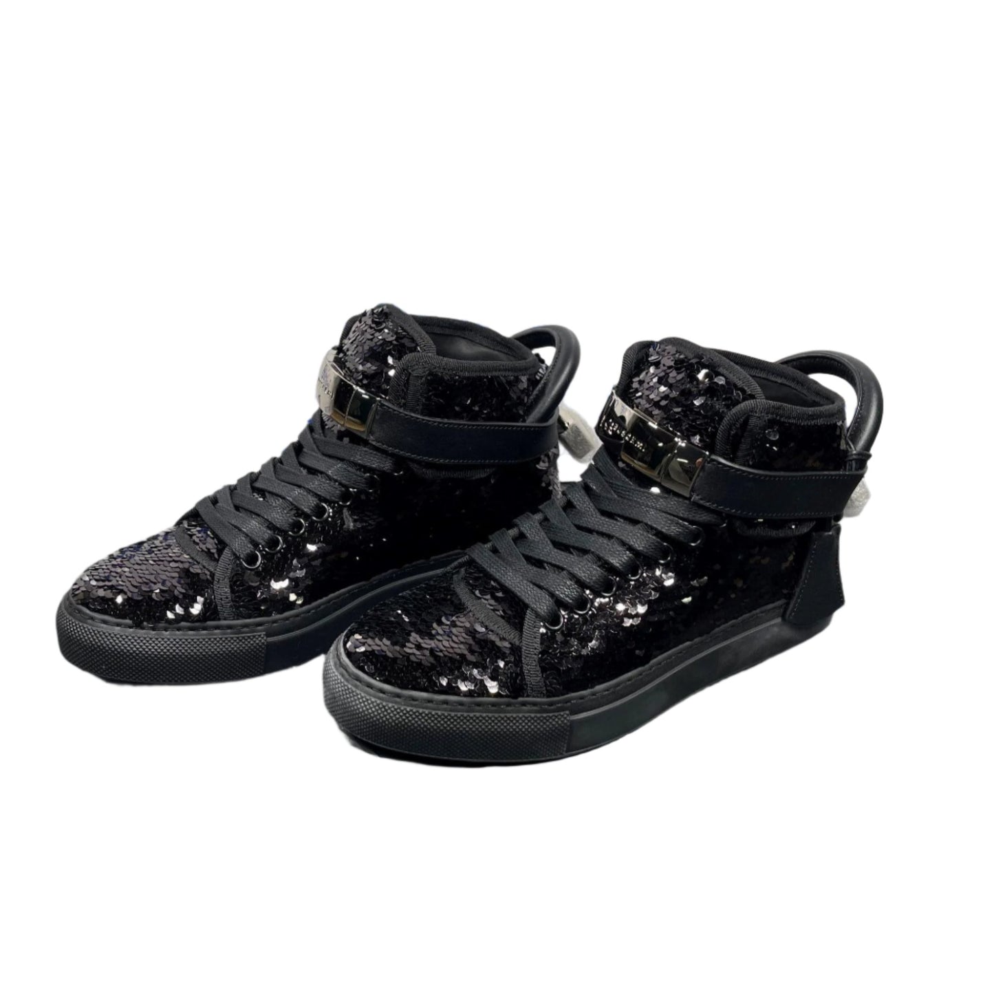 Buscemi Womens 100MM Sequin Black/Black Leather Sneakers | Positivo Clothing