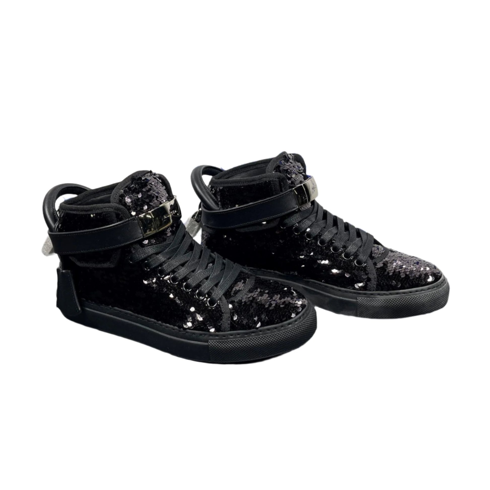 Buscemi Womens 100MM Sequin Black/Black Leather Sneakers | Positivo Clothing